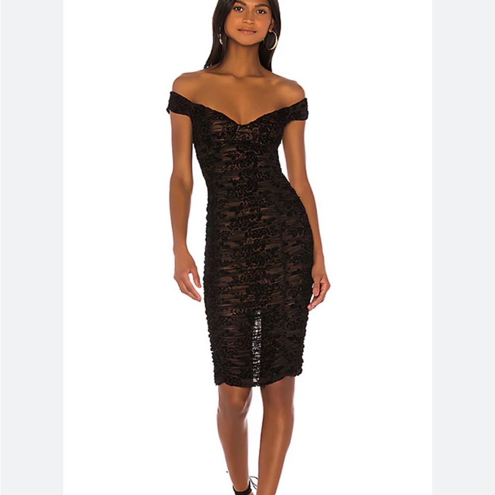 MAJORELLE Black Lace Off-Shoulder Midi Dress